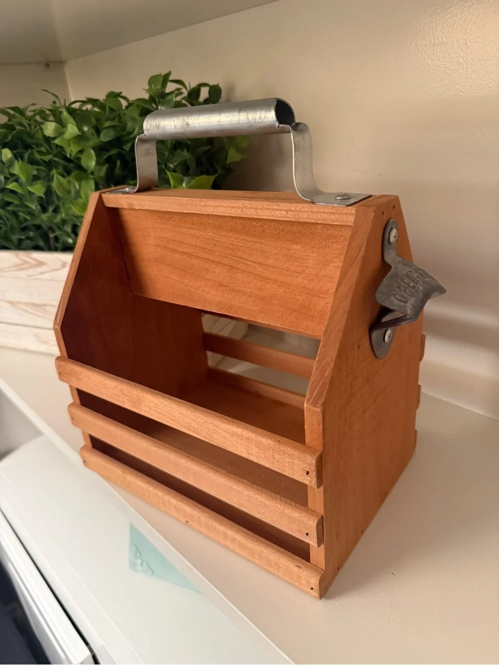 Rustic Wooden Beer Bottle Caddy Carrier w/ Metal Bottle Opener Handle